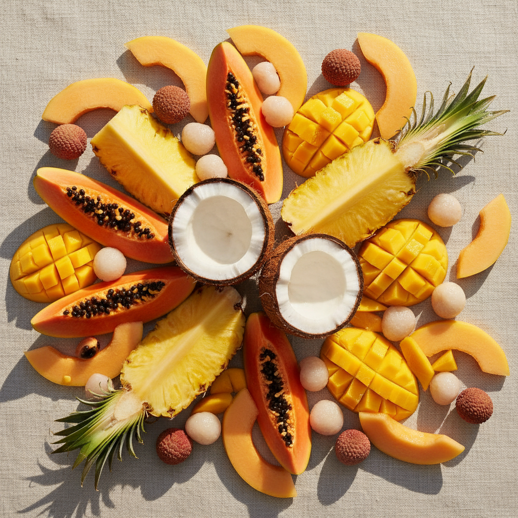 Sliced tropical fruit: coconut, papaya, pineapple and mango on a bright surface