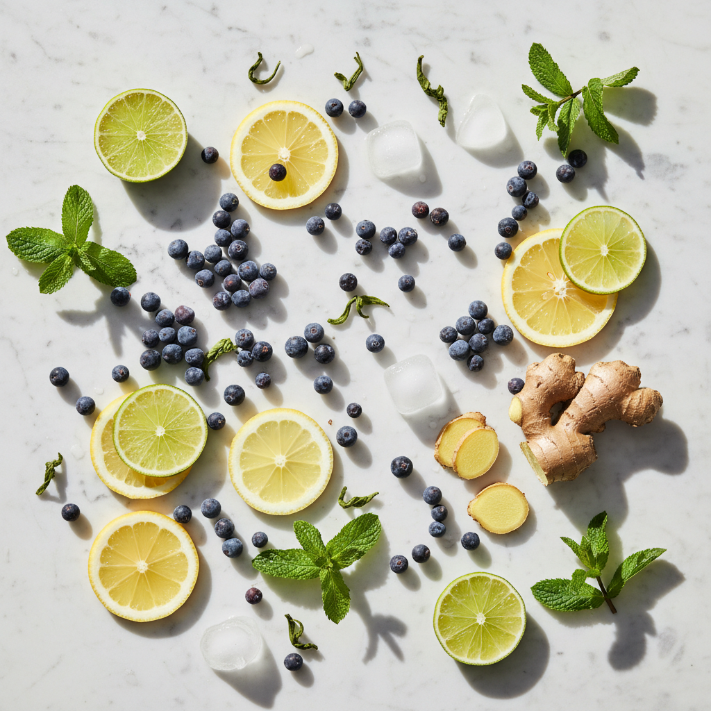 Gin botanicals: juniper berries, citrus, mint and green tea on a marble surface