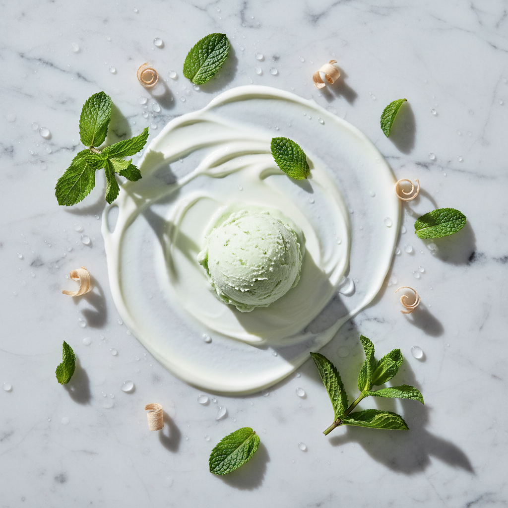 Fresh mint and cream: mint leaves, whipped cream and pale wood on a marble surface