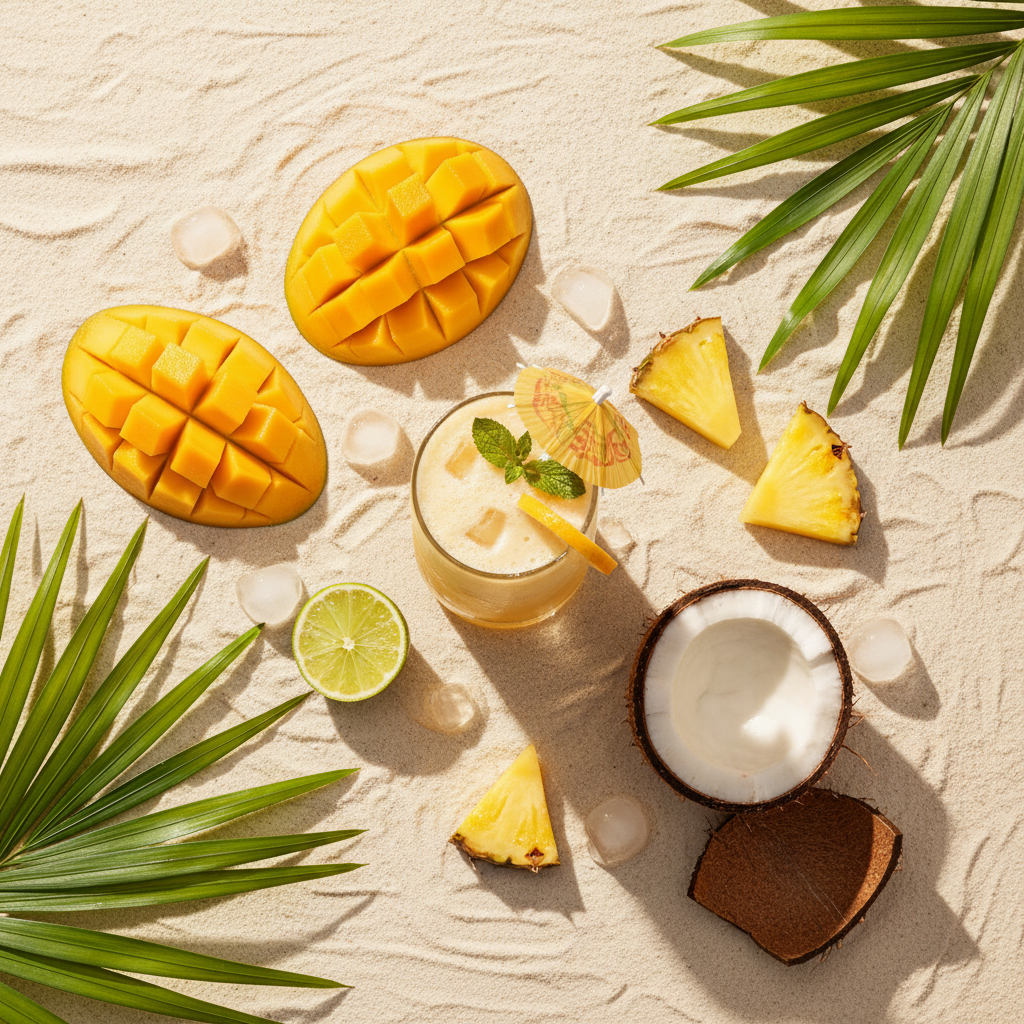 Tropical cocktail: mango piña colada with pineapple, coconut and palm leaves