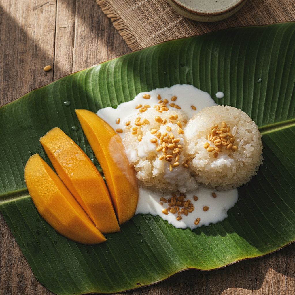 Mango sticky rice: glutinous rice, slices of ripe mango and coconut milk on a banana leaf