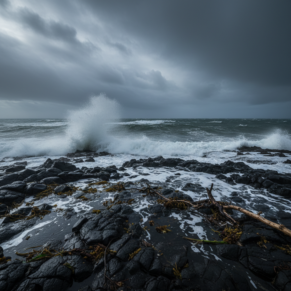Sea in a storm: dark waves, salt, seaweed and driftwood beneath a leaden sky