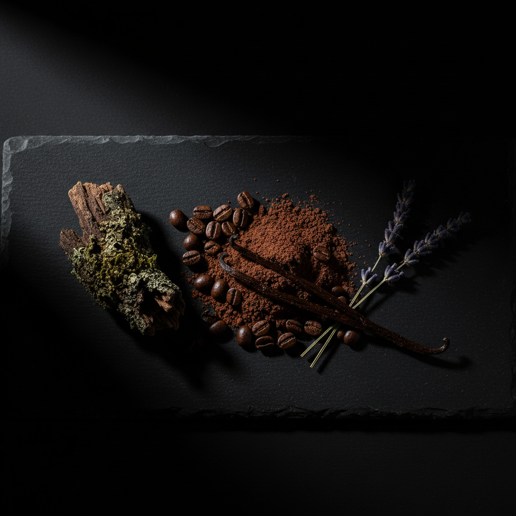 Cacao amaro in polvere, chicchi di caffè tostato, baccello di vaniglia e lavanda secca su pietra scura